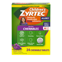 Zyrtec Children dye-free grape package offers easy on the go allergy relief.