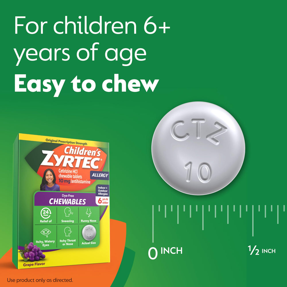 Zyrtec Children dye-free grape bottle provides 24-hour relief option.