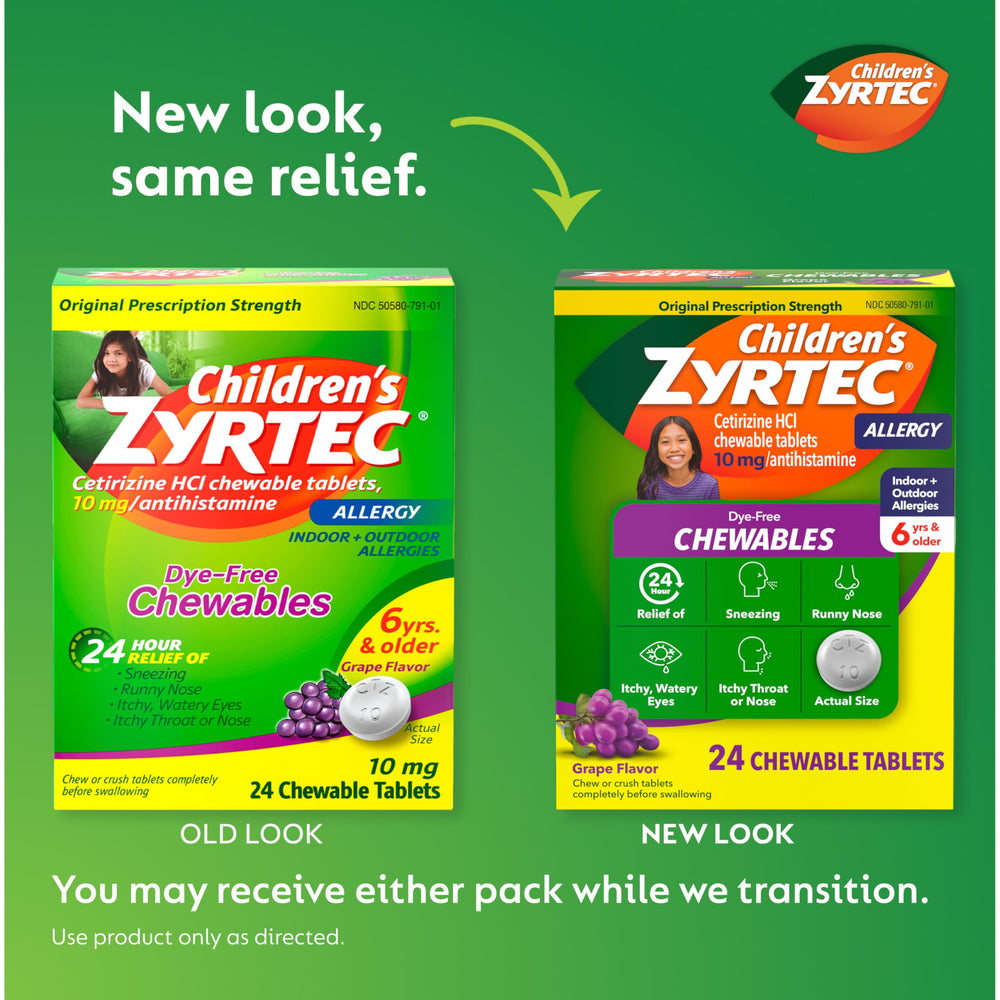 Zyrtec Children dye-free grape tablet close-up shows a kid-friendly chewable.