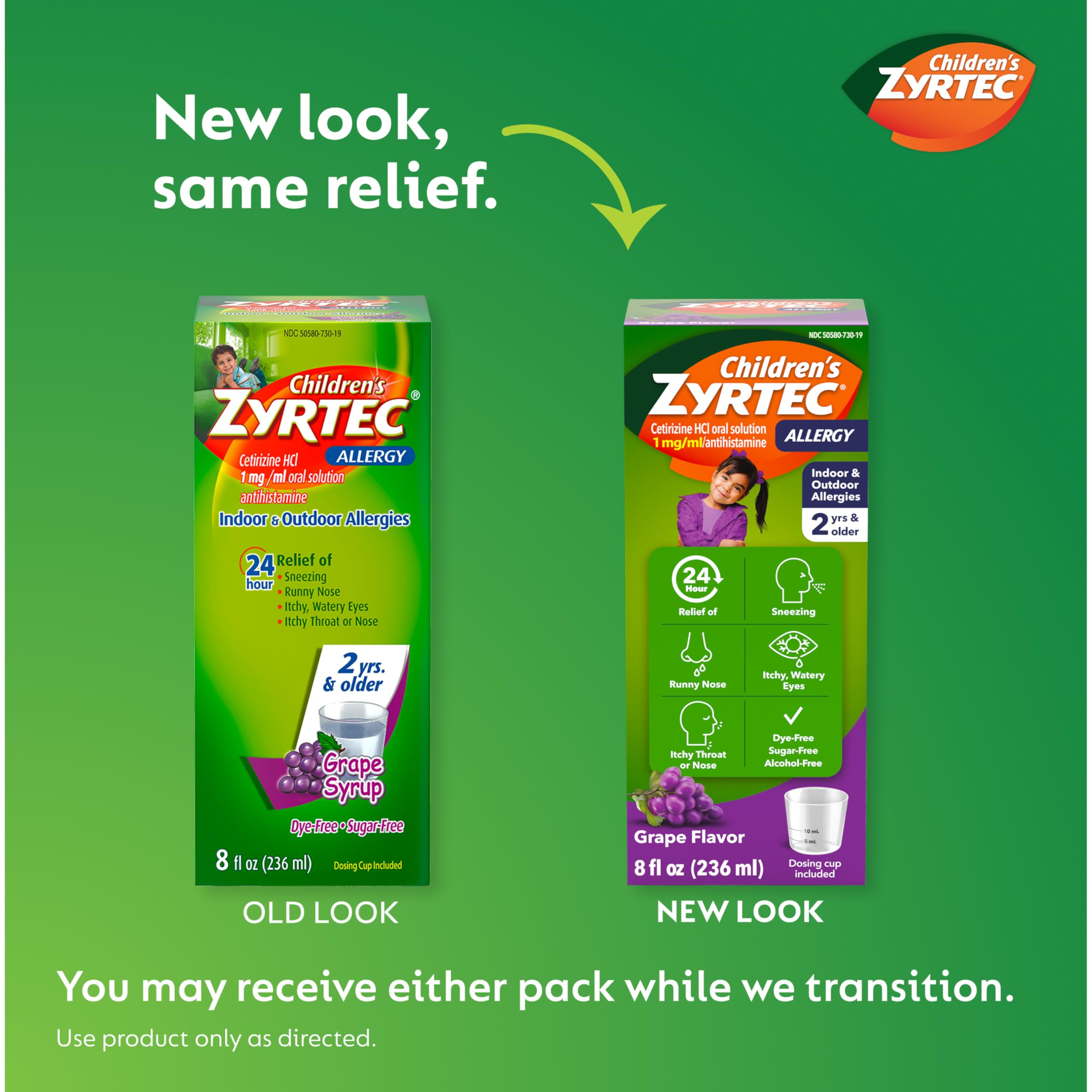 Zyrtec 24-hour relief label highlights 24-hour coverage for busy school days.