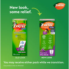 Zyrtec 24-hour relief label highlights 24-hour coverage for busy school days.