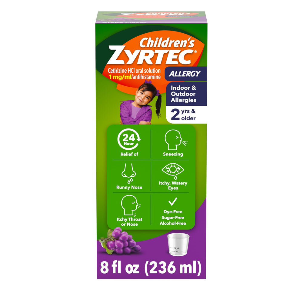 Zyrtec Children’s syrup bottle with dosing cup for accurate once-daily allergy relief at home.