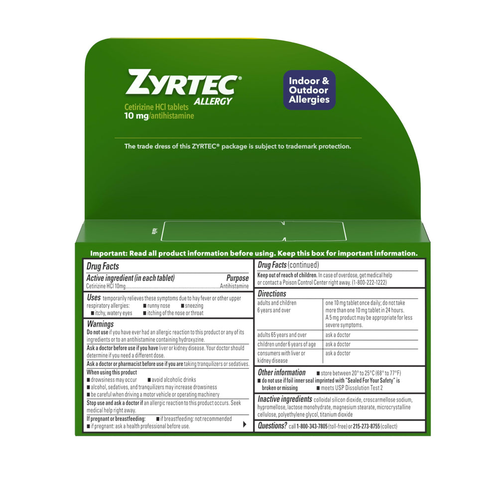 Zyrtec daily-dose 1-hour onset concept communicates quick-action potential.