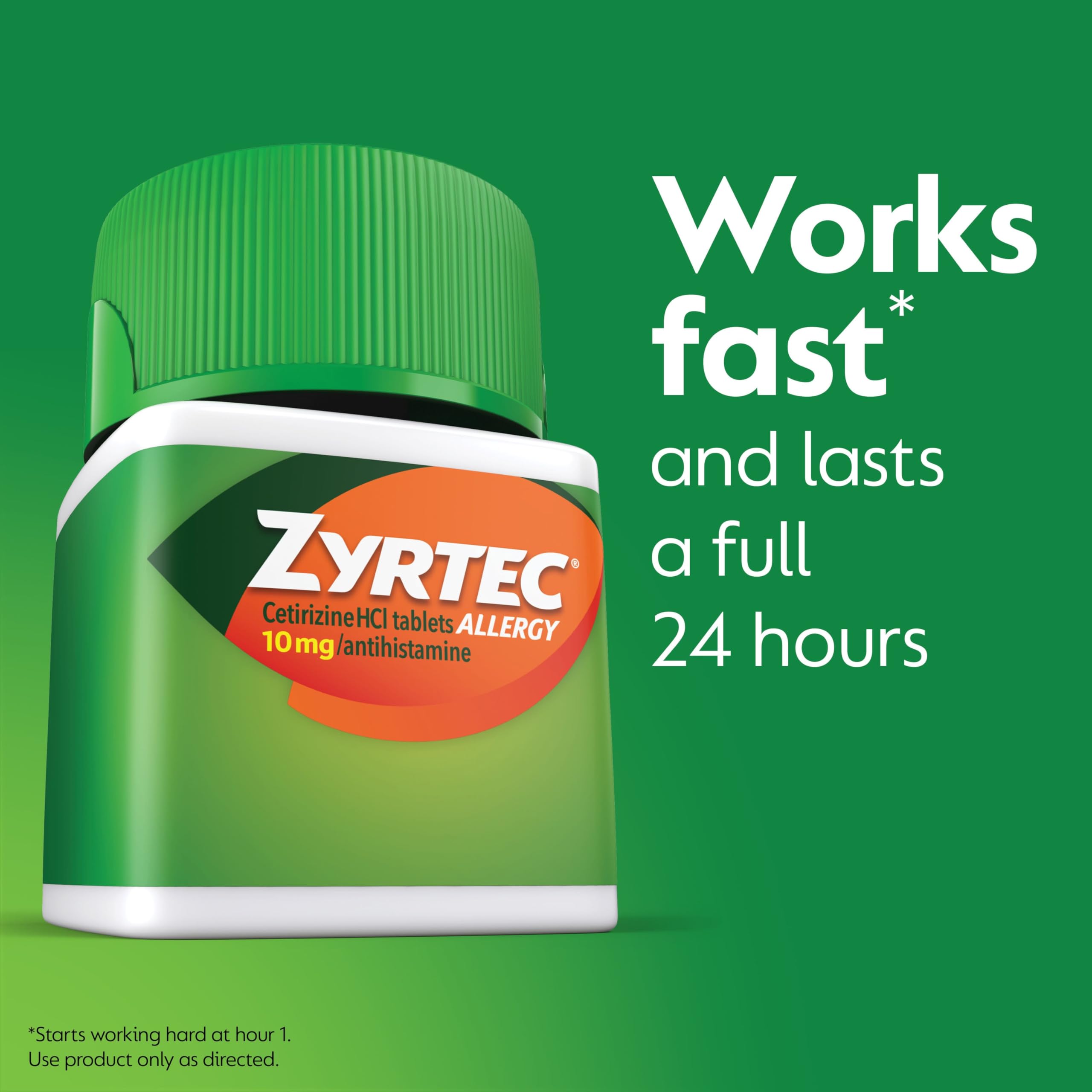 Zyrtec front label on bottle highlighting 60-count and 24-hour relief.