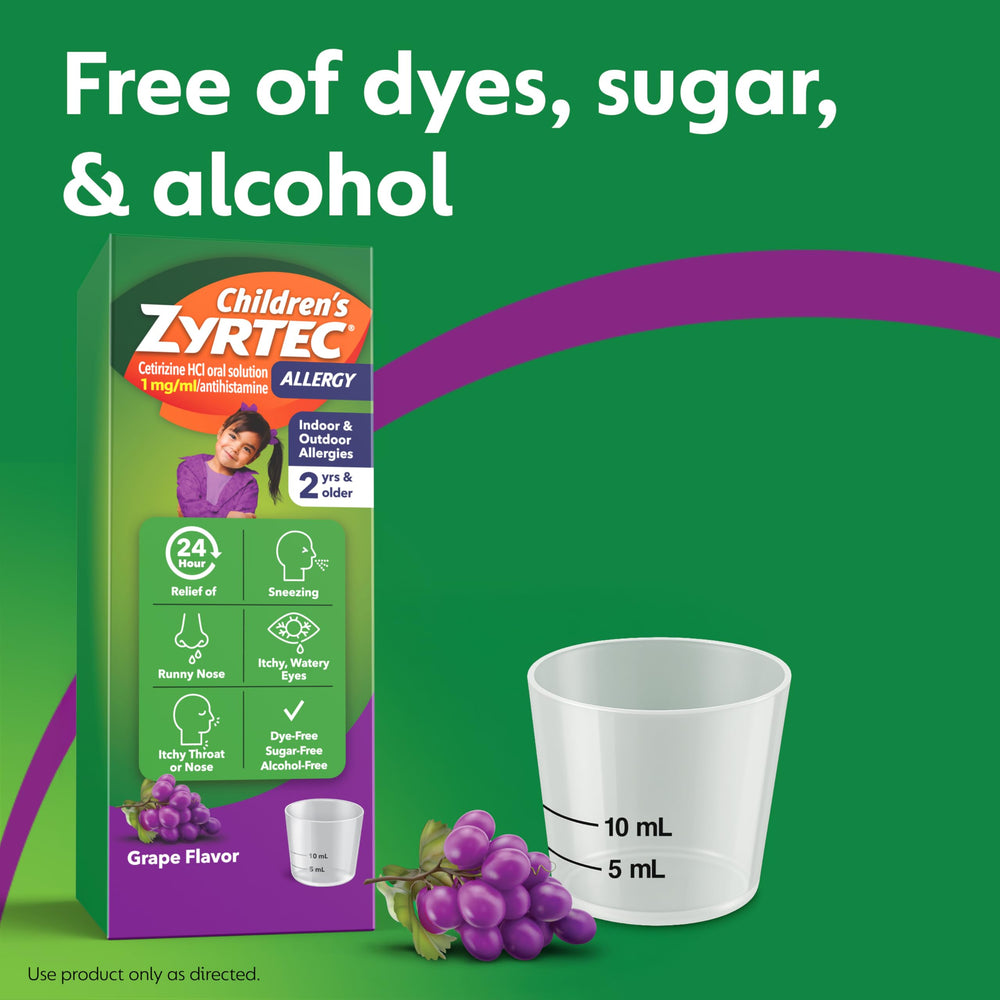 Zyrtec grape-flavored syrup bottle showcases kid-friendly taste aiding easy dosing.