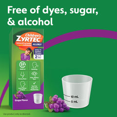 Zyrtec grape-flavored syrup bottle showcases kid-friendly taste aiding easy dosing.
