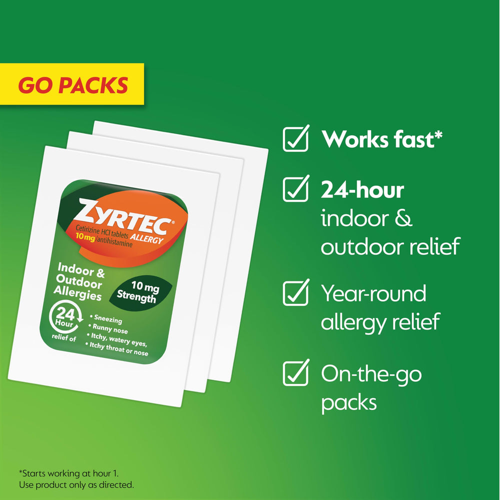 Zyrtec label closeup highlights cetirizine HCl dosage and 24-hour coverage.