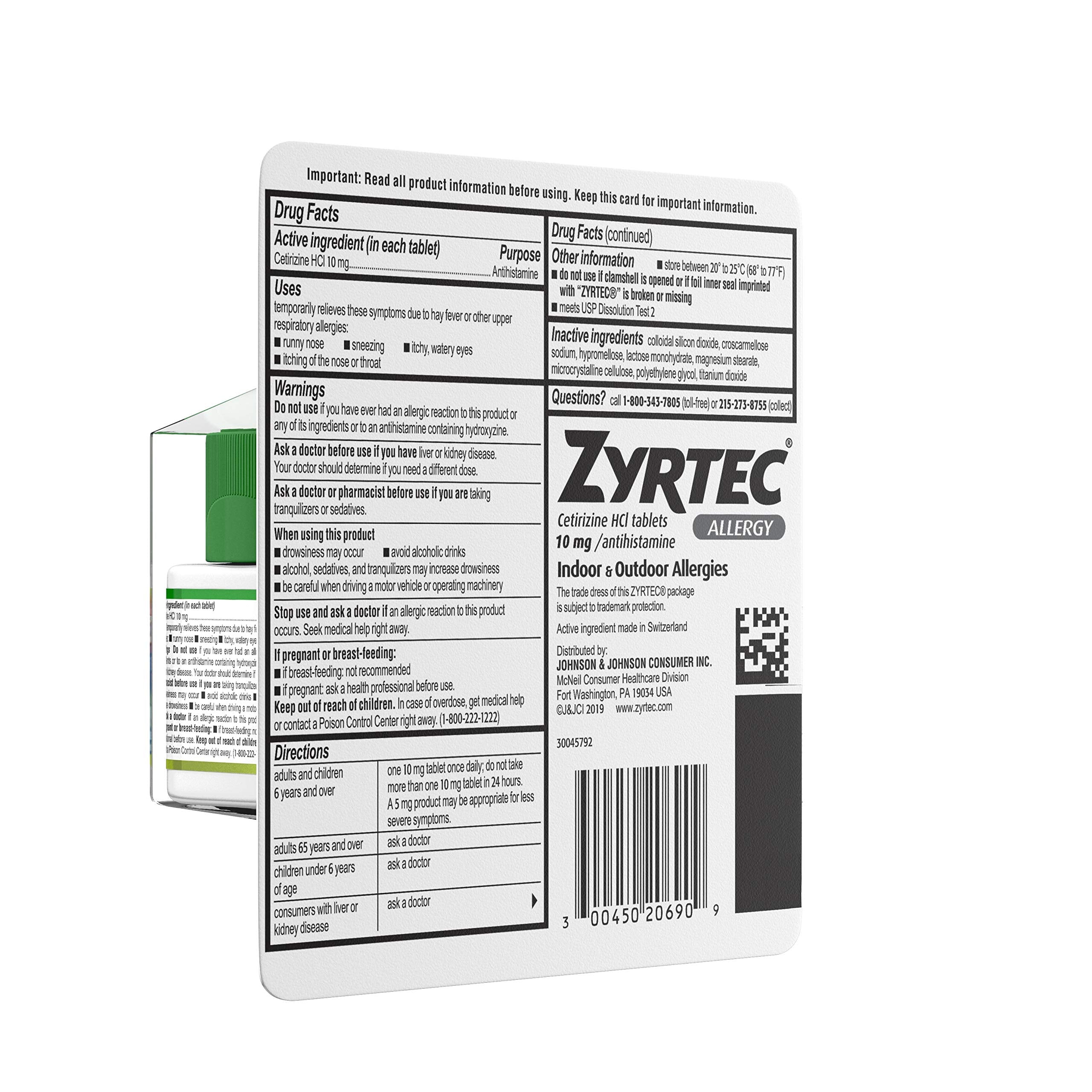 Zyrtec label closeup highlights 10 mg formula details.