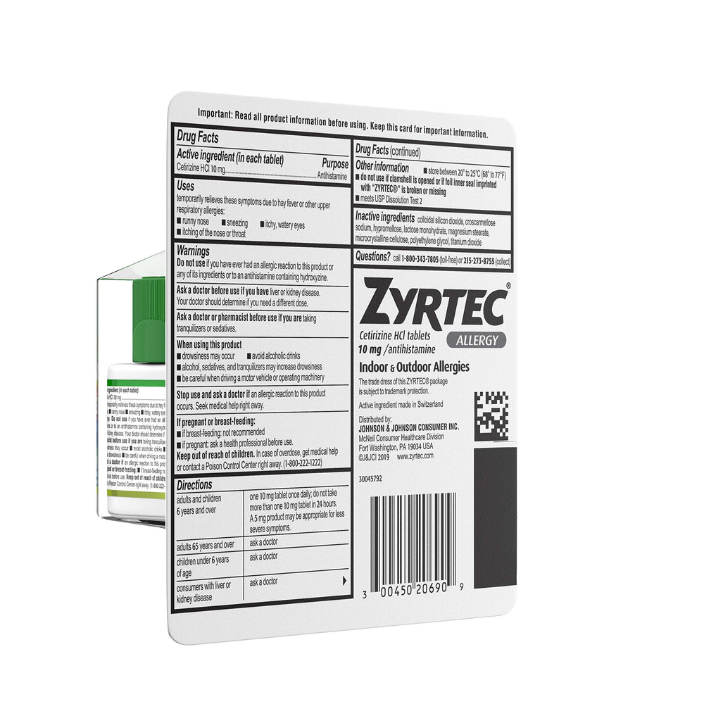 Zyrtec label closeup highlights 10 mg formula details.