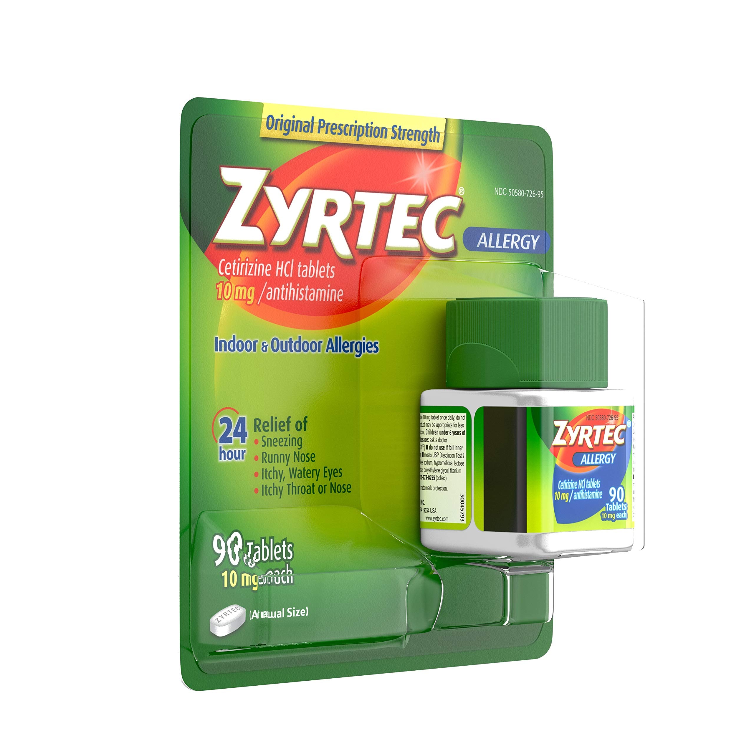 Zyrtec packaging label emphasizes 24-hour allergy support.