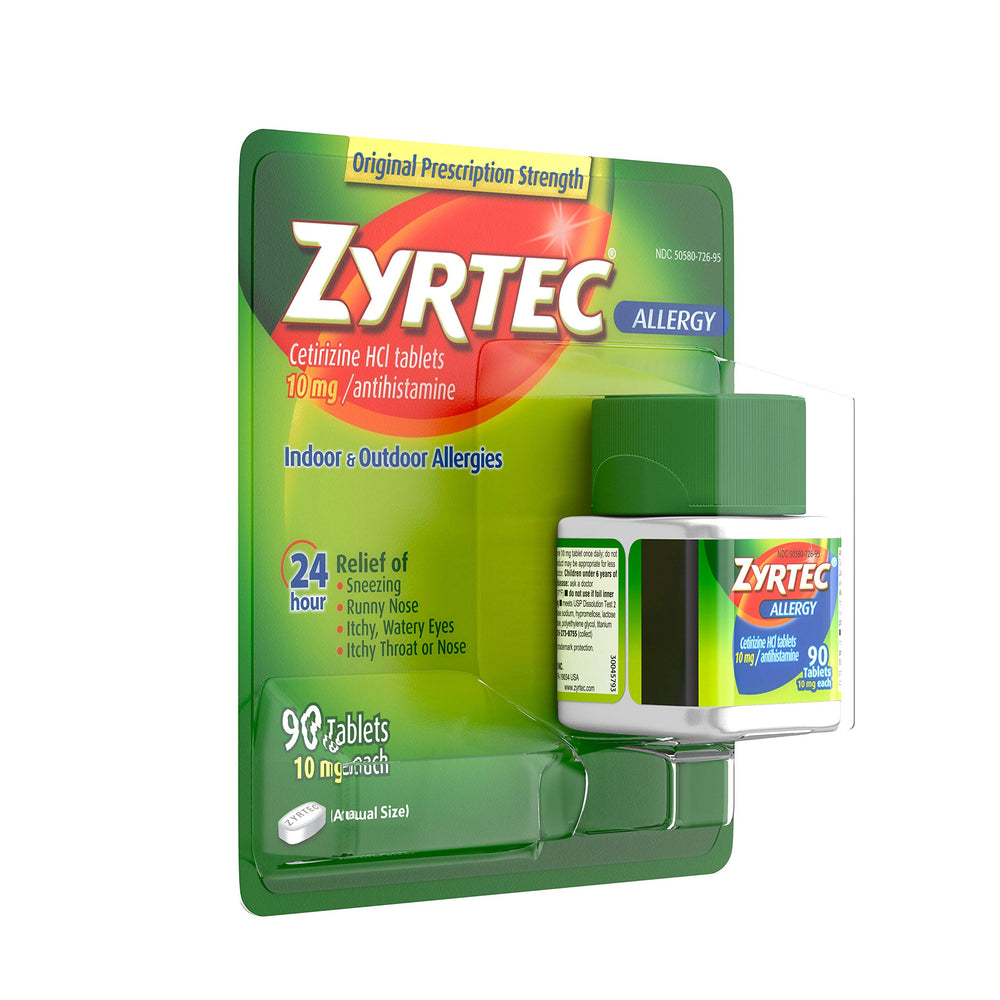 Zyrtec packaging label emphasizes 24-hour allergy support.