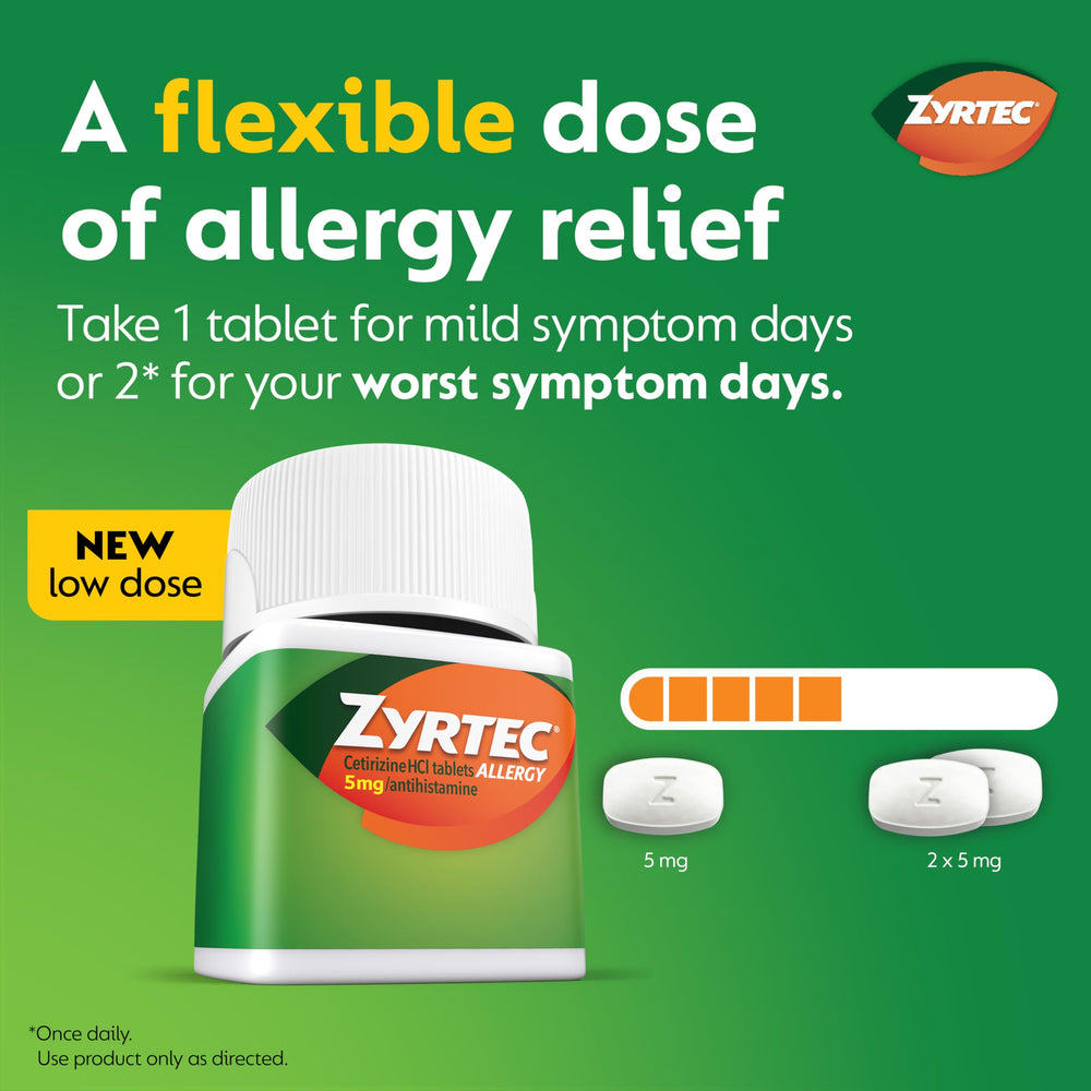 Zyrtec-tablet-5mg-closeup shows precise 5 mg dosing for mild to moderate symptoms.