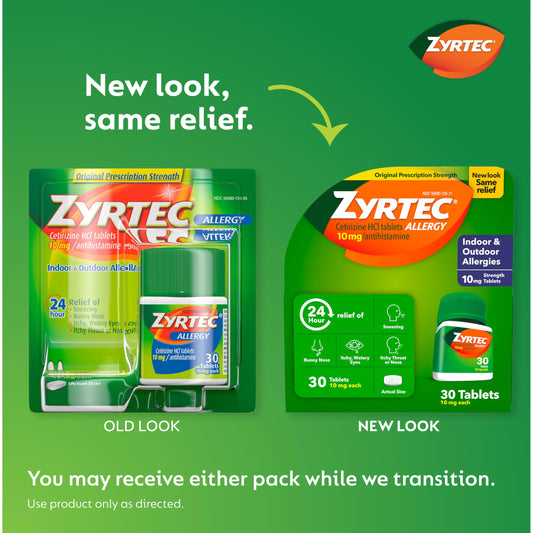 Zyrtec tablets closeup 10 mg cetirizine for fast, all-day allergy relief.