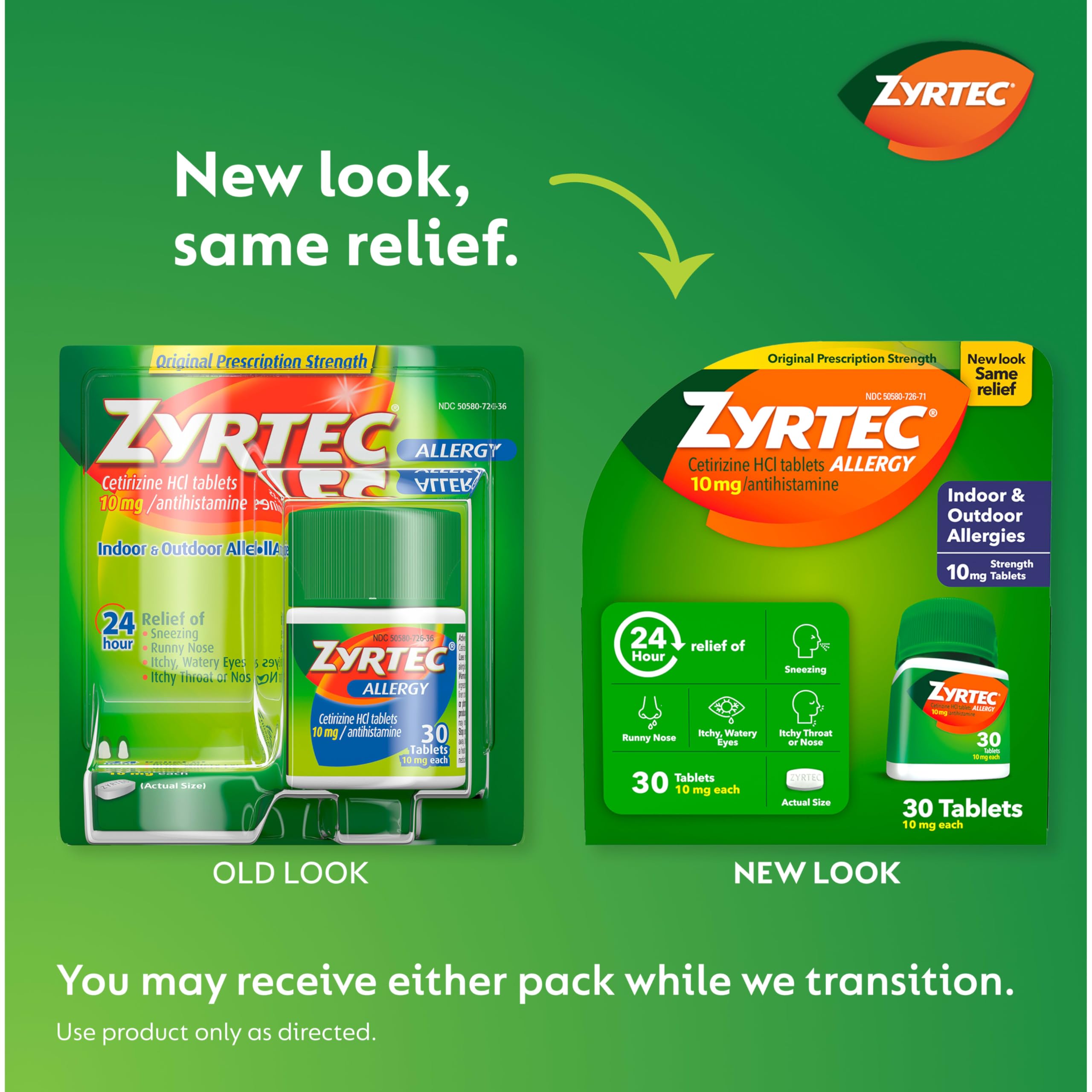 Zyrtec tablets closeup 10 mg cetirizine for fast, all-day allergy relief.