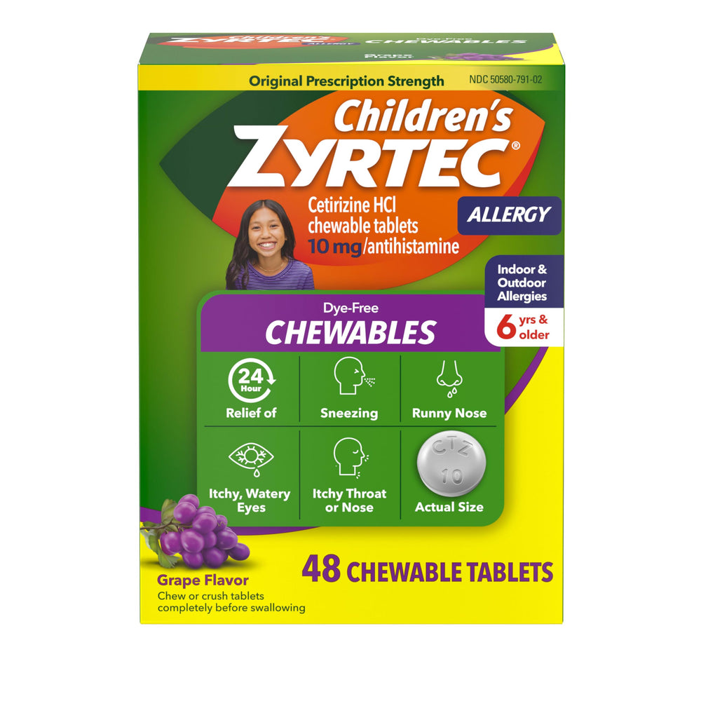 Zyrtec Children dye-free chewables package displays grape flavor for kid-friendly allergy relief