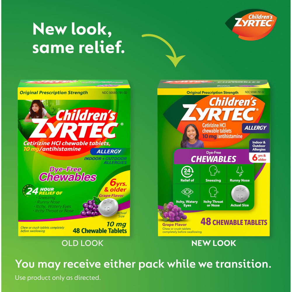 Zyrtec Children dye-free chewables tablet close-up highlights easy dosing for kids during play